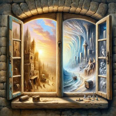 The primary subject of the image is a painting of a window with a view of a city. The setting is a cityscape, and the visual style is a painting. The colors and mood of the painting are vibrant and lively, with a focus on the city's architecture and the sunlight shining through the window.